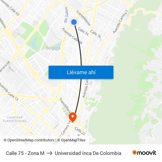 Calle 75 - Zona M to Universidad Inca De Colombia map