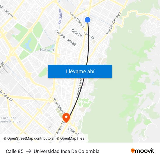 Calle 85 to Universidad Inca De Colombia map