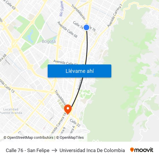 Calle 76 - San Felipe to Universidad Inca De Colombia map