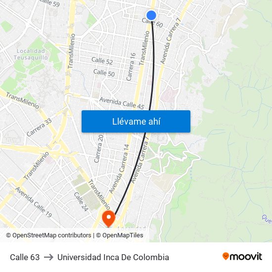 Calle 63 to Universidad Inca De Colombia map
