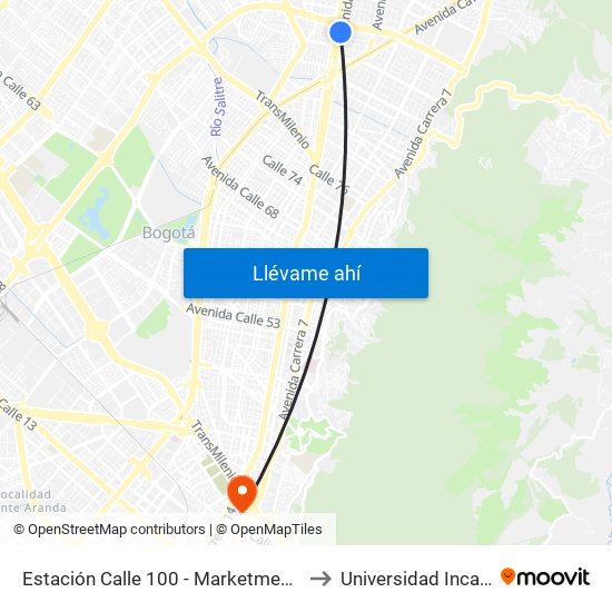 Estación Calle 100 - Marketmedios (Auto Norte - Cl 98) to Universidad Inca De Colombia map