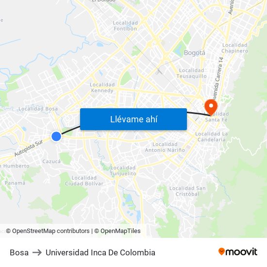 Bosa to Universidad Inca De Colombia map