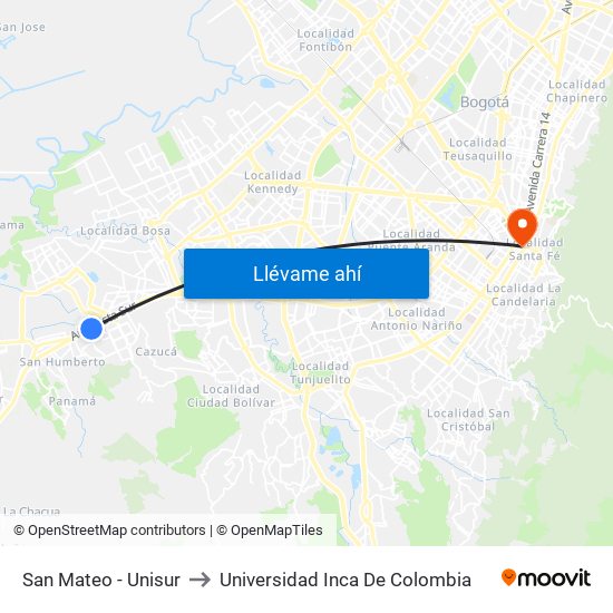 San Mateo - Unisur to Universidad Inca De Colombia map