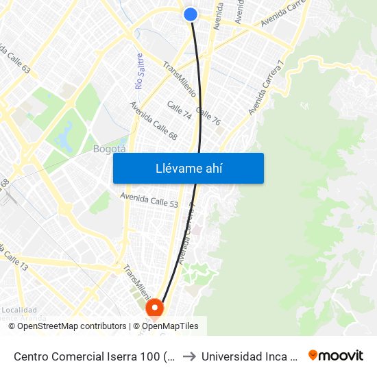 Centro Comercial Iserra 100 (Ac 100 - Kr 54) (B) to Universidad Inca De Colombia map