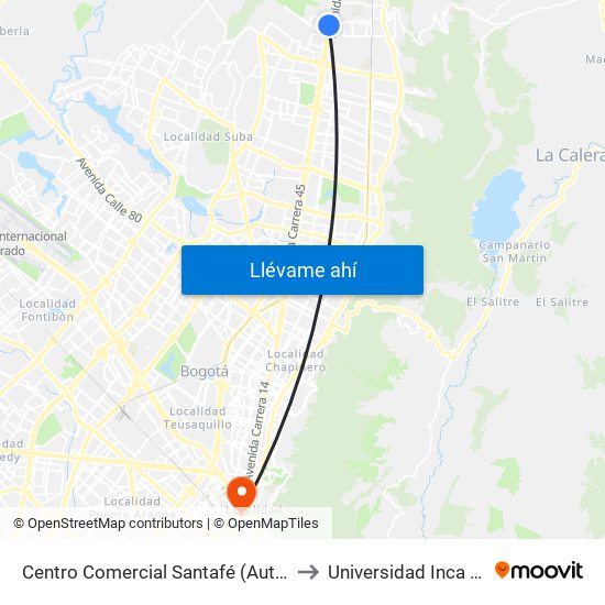 Centro Comercial Santafé (Auto Norte - Cl 187) (B) to Universidad Inca De Colombia map