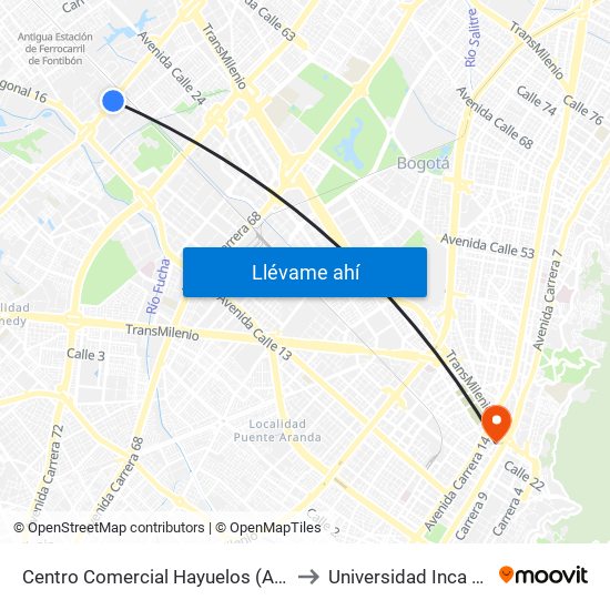 Centro Comercial Hayuelos (Av. C. De Cali - Cl 20) to Universidad Inca De Colombia map