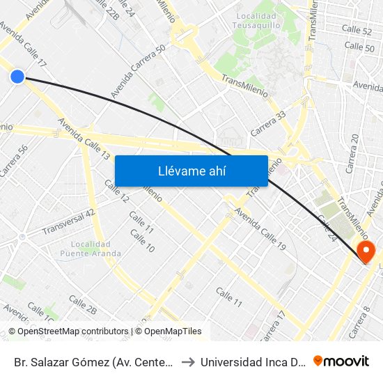 Br. Salazar Gómez (Av. Centenario - Kr 65) (A) to Universidad Inca De Colombia map