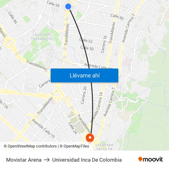 Movistar Arena to Universidad Inca De Colombia map