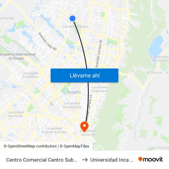 Centro Comercial Centro Suba (Av. Suba - Kr 91) to Universidad Inca De Colombia map