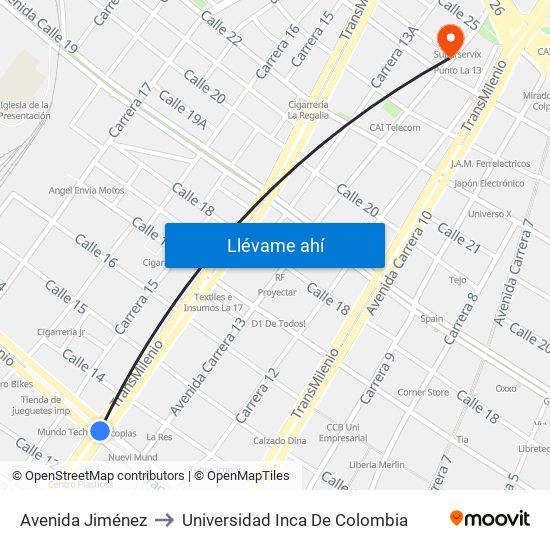 Avenida Jiménez to Universidad Inca De Colombia map