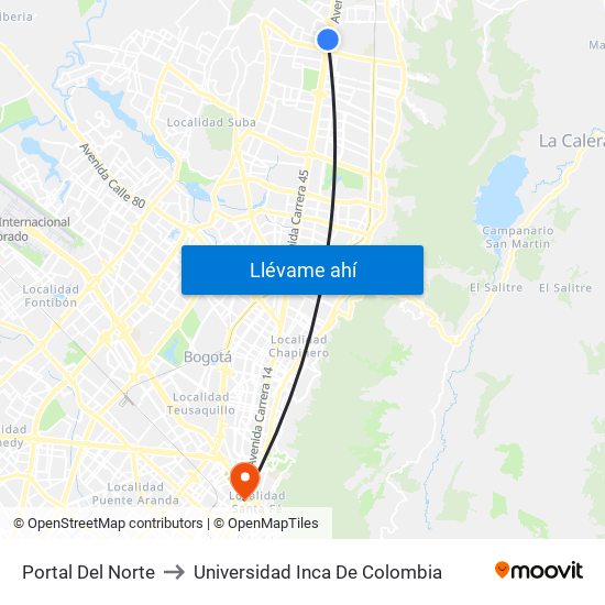 Portal Del Norte to Universidad Inca De Colombia map