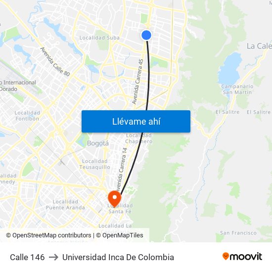 Calle 146 to Universidad Inca De Colombia map