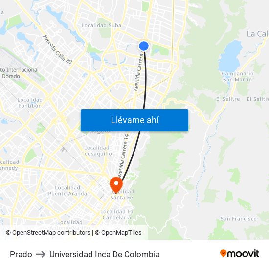 Prado to Universidad Inca De Colombia map