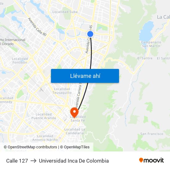 Calle 127 to Universidad Inca De Colombia map