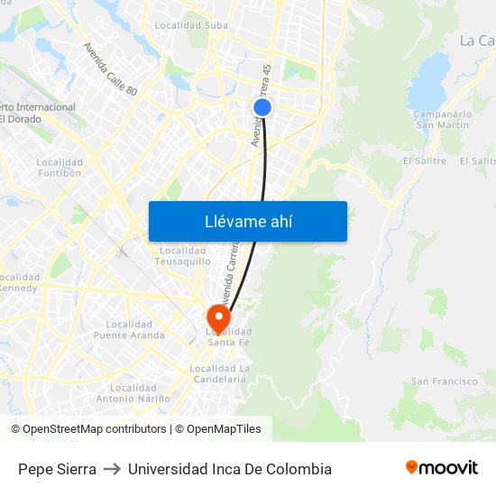 Pepe Sierra to Universidad Inca De Colombia map