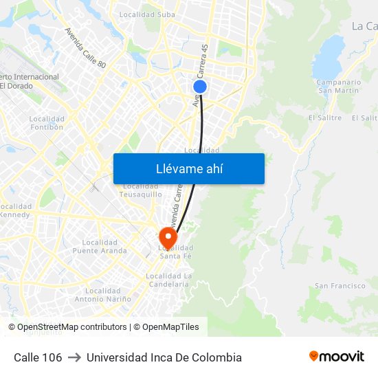 Calle 106 to Universidad Inca De Colombia map
