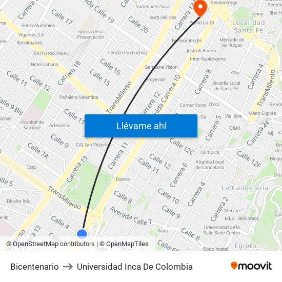 Bicentenario to Universidad Inca De Colombia map