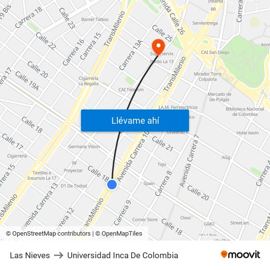 Las Nieves to Universidad Inca De Colombia map