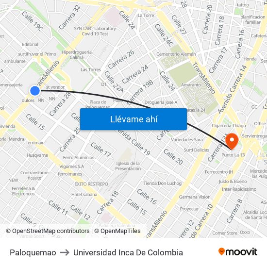 Paloquemao to Universidad Inca De Colombia map