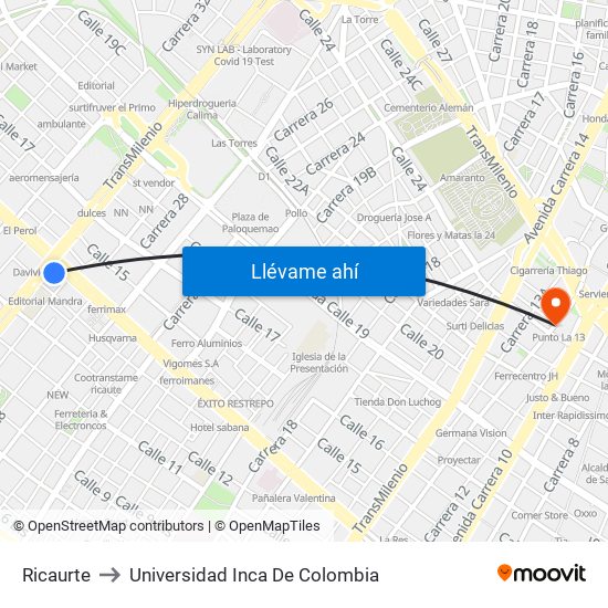 Ricaurte to Universidad Inca De Colombia map