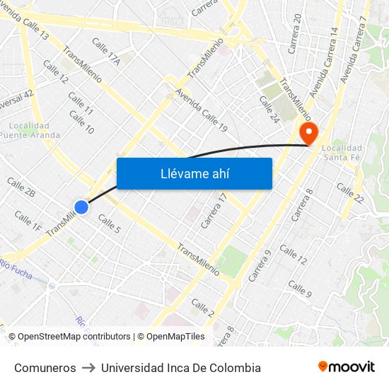 Comuneros to Universidad Inca De Colombia map