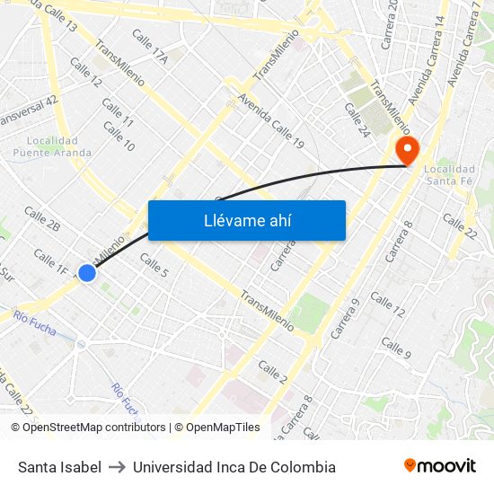 Santa Isabel to Universidad Inca De Colombia map