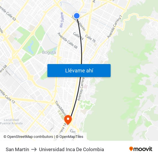 San Martín to Universidad Inca De Colombia map
