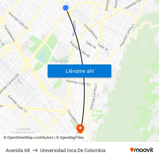 Avenida 68 to Universidad Inca De Colombia map