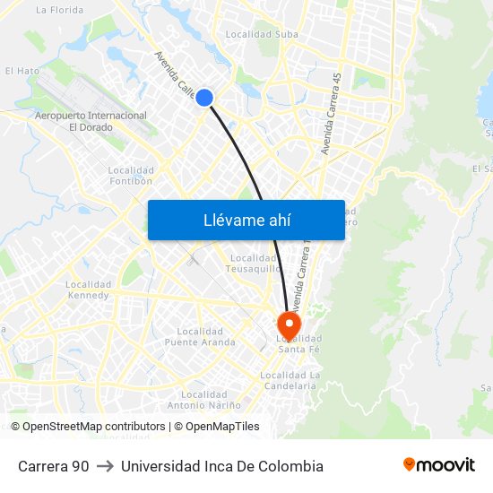 Carrera 90 to Universidad Inca De Colombia map