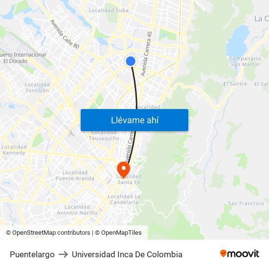 Puentelargo to Universidad Inca De Colombia map