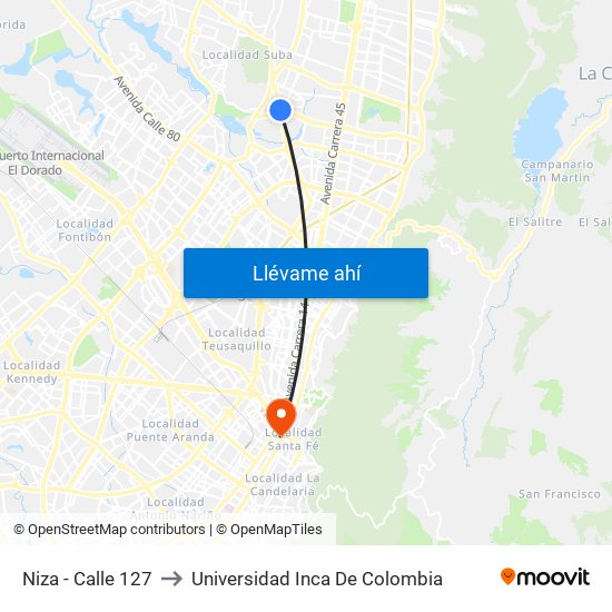 Niza - Calle 127 to Universidad Inca De Colombia map