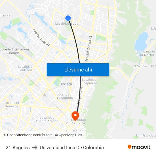 21 Ángeles to Universidad Inca De Colombia map