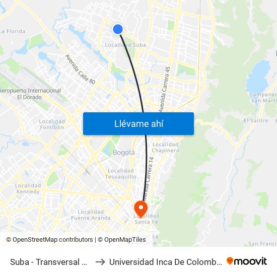 Suba - Transversal 91 to Universidad Inca De Colombia map
