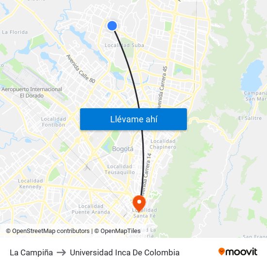 La Campiña to Universidad Inca De Colombia map