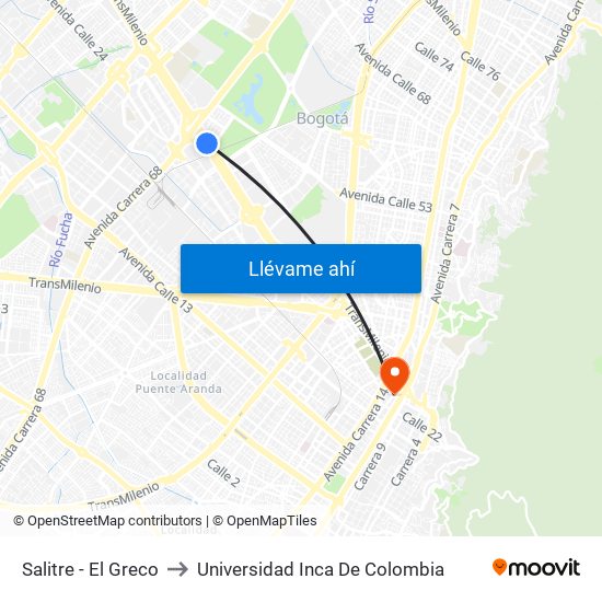 Salitre - El Greco to Universidad Inca De Colombia map