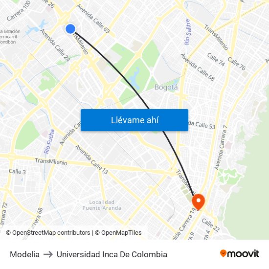 Modelia to Universidad Inca De Colombia map