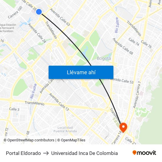Portal Eldorado to Universidad Inca De Colombia map