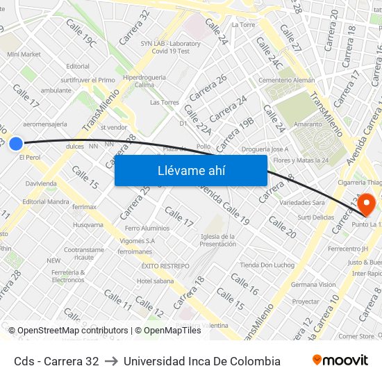 Cds - Carrera 32 to Universidad Inca De Colombia map