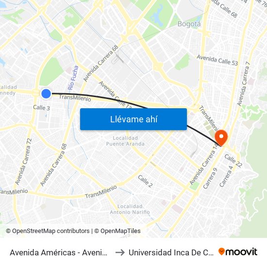 Avenida Américas - Avenida Boyacá to Universidad Inca De Colombia map