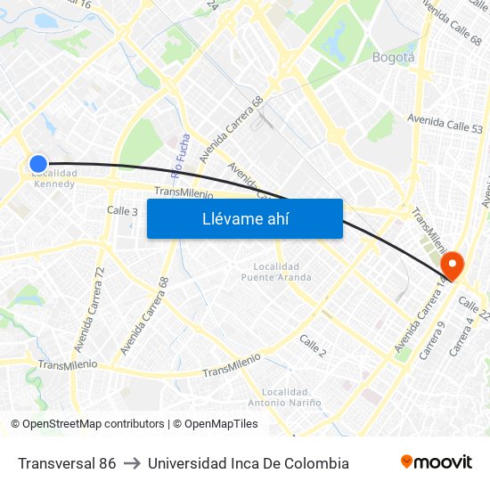 Transversal 86 to Universidad Inca De Colombia map