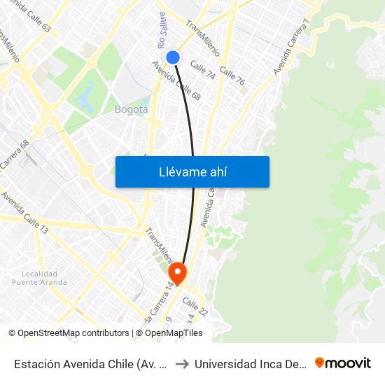 Estación Avenida Chile (Av. NQS - Cl 71c) to Universidad Inca De Colombia map