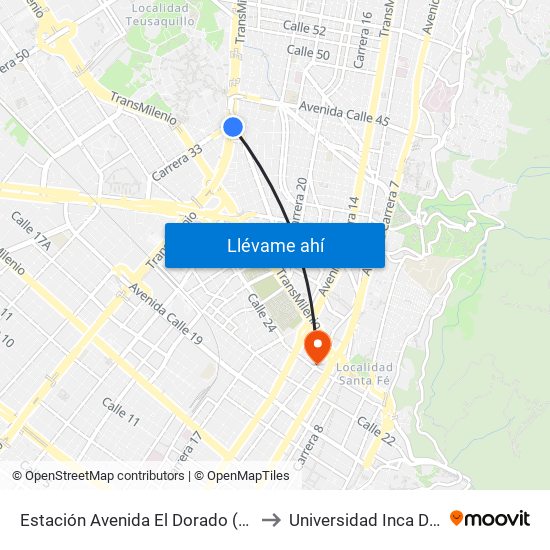 Estación Avenida El Dorado (Av. NQS - Cl 40a) to Universidad Inca De Colombia map