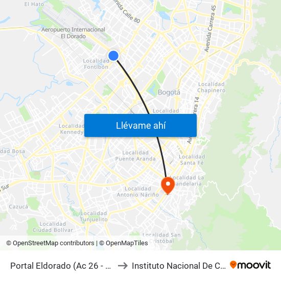 Portal Eldorado (Ac 26 - Av. C. De Cali) to Instituto Nacional De Cancerología map