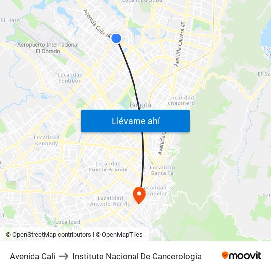 Avenida Cali to Instituto Nacional De Cancerología map