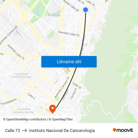 Calle 72 to Instituto Nacional De Cancerología map