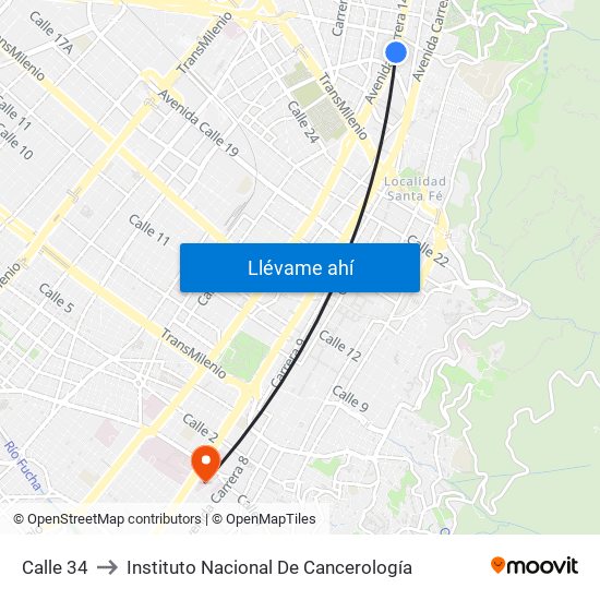 Calle 34 to Instituto Nacional De Cancerología map