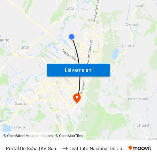 Portal De Suba (Av. Suba - Kr 106) to Instituto Nacional De Cancerología map