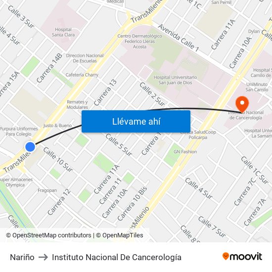 Nariño to Instituto Nacional De Cancerología map