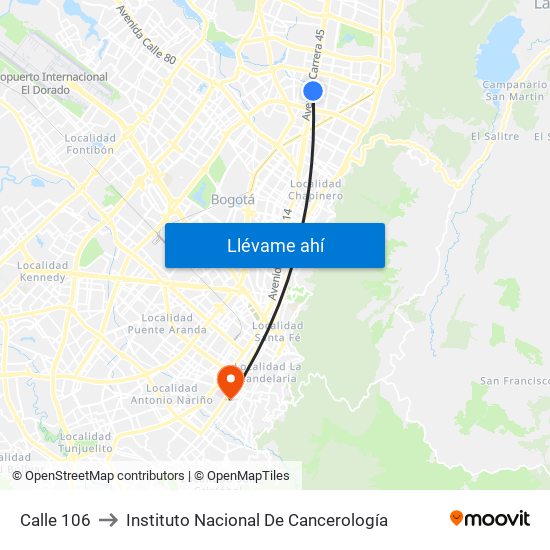 Calle 106 to Instituto Nacional De Cancerología map