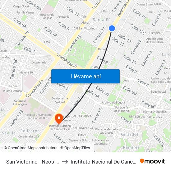 San Victorino - Neos Centro to Instituto Nacional De Cancerología map